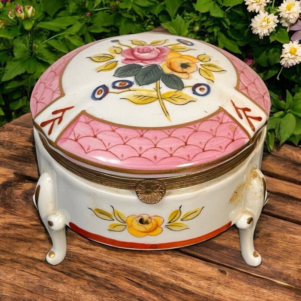 Vintage Handpainted 3 Footed Floral Hinged Trinket Box Porcelain Roses by Isco